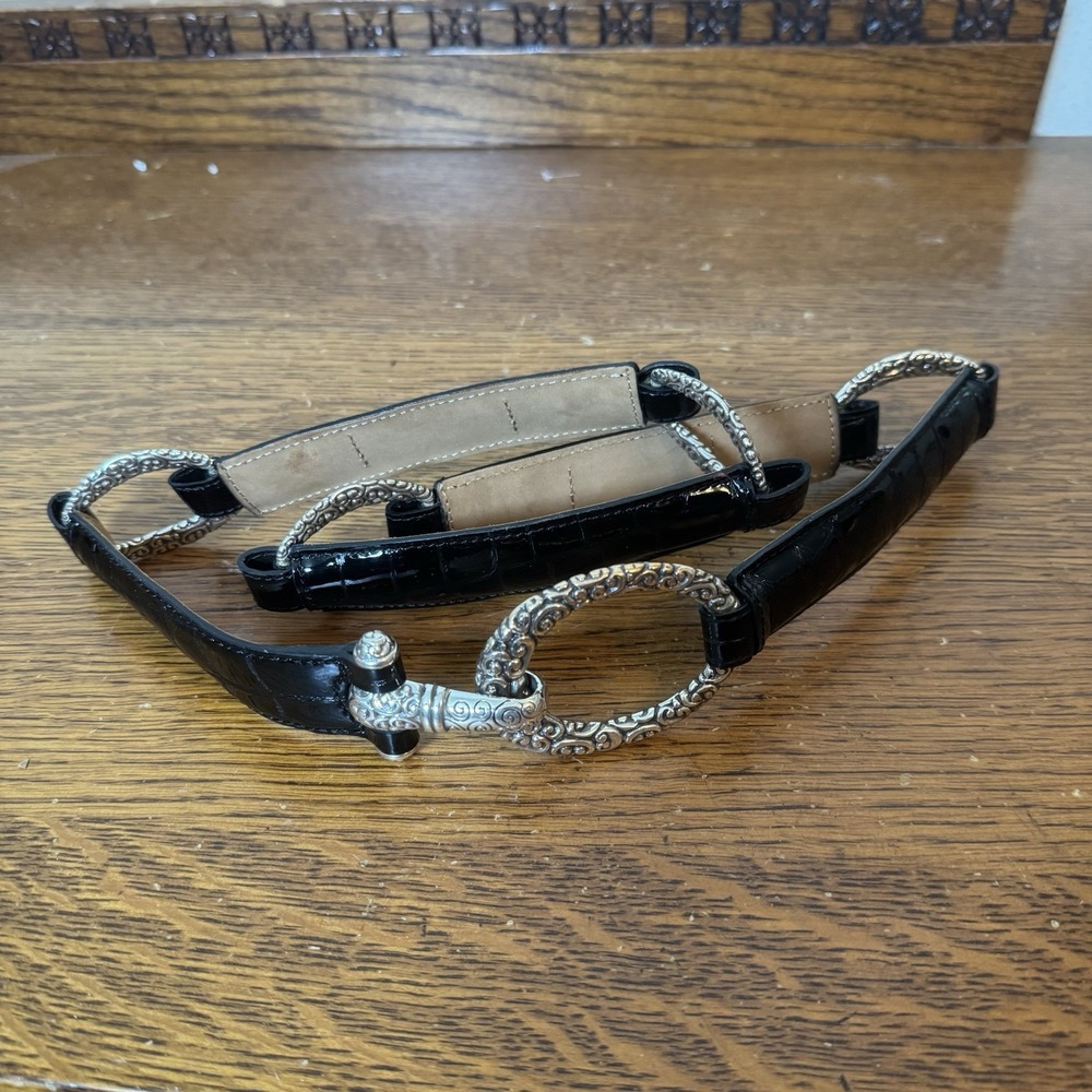 Brighton Black Leather Belt Silver Scroll Buckle Women's  33 Inches- Stretch Fit